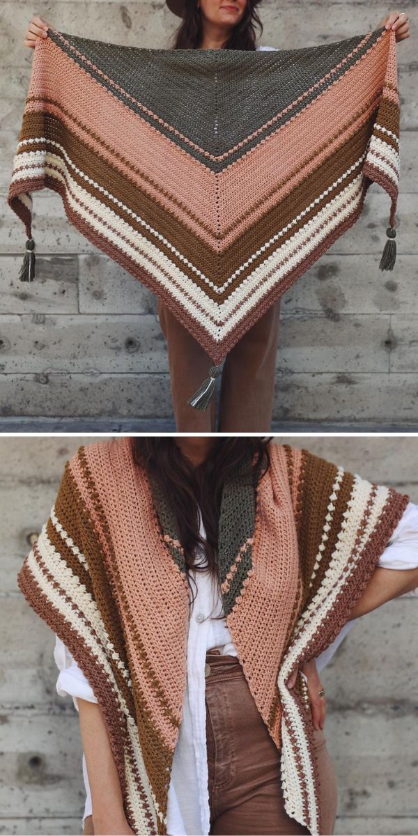 a crochet wrap in warm earth colors