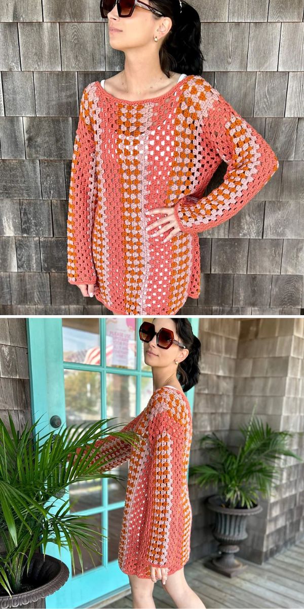 a woman wearing a crochet granny stitch dress