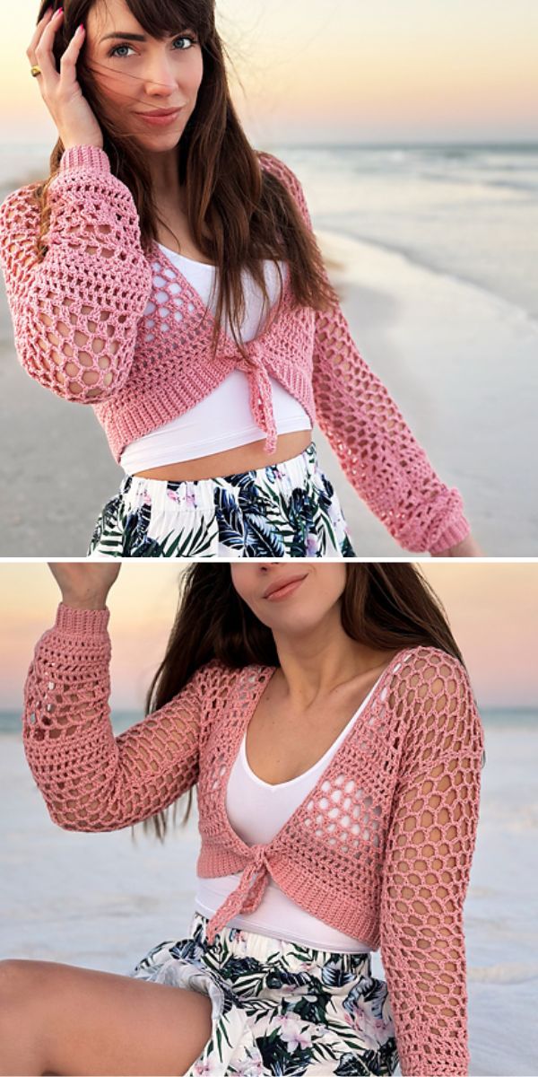 a woman wearing a pink mesh crochet cardigan