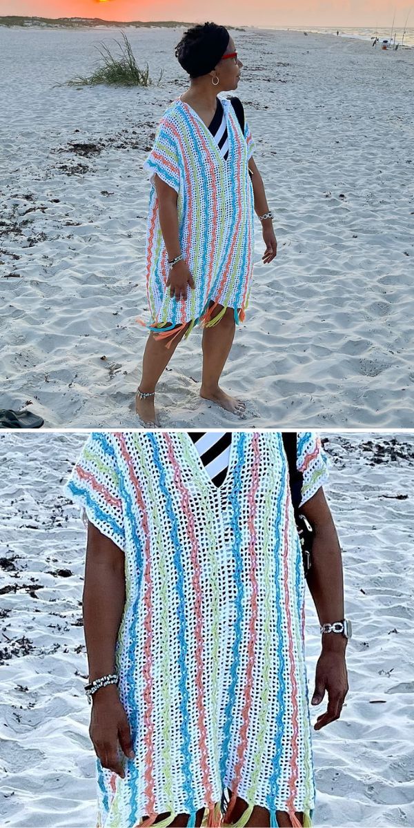 a woman wearing a crochet summer cover-up pullover