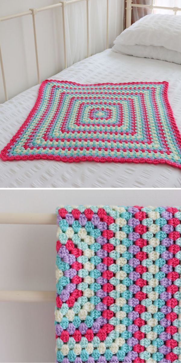 a square crochet blanket in multiple colors