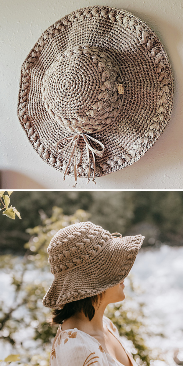 a crochet sun hat in a neutral color