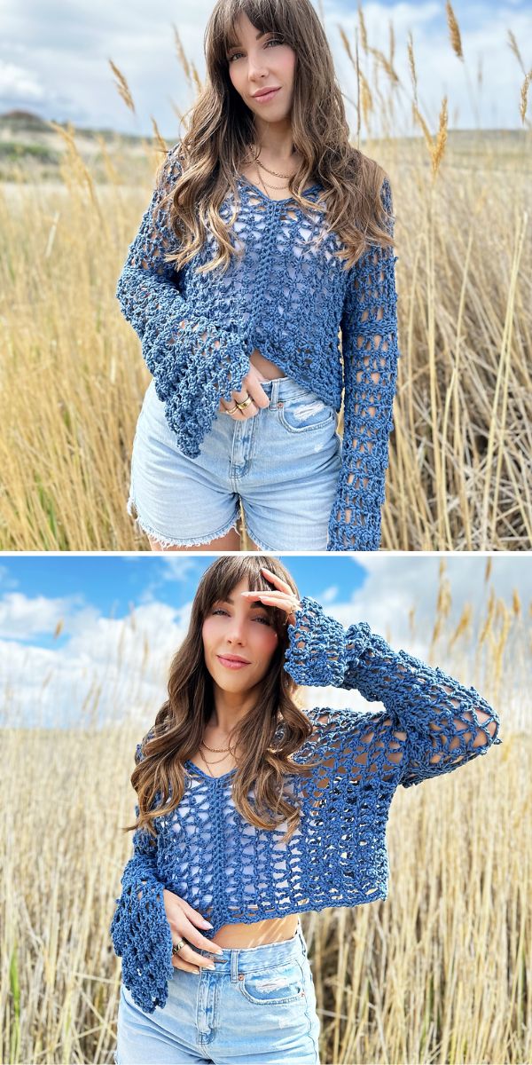 a woman wearing a blue lace crochet crop top