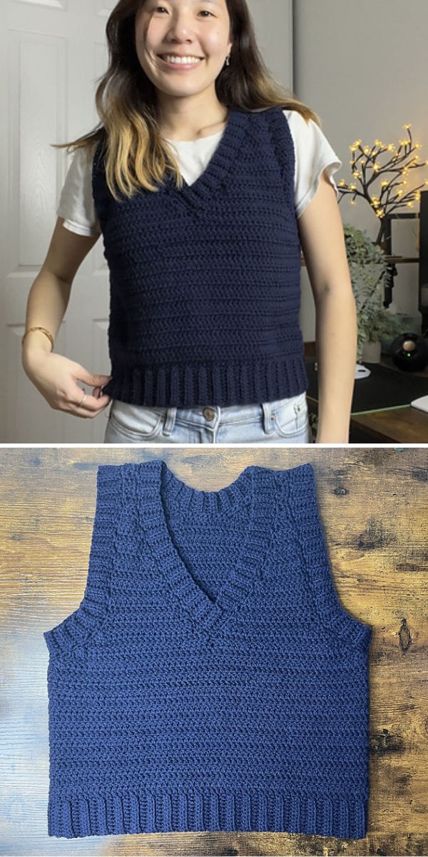 a blue crochet vest