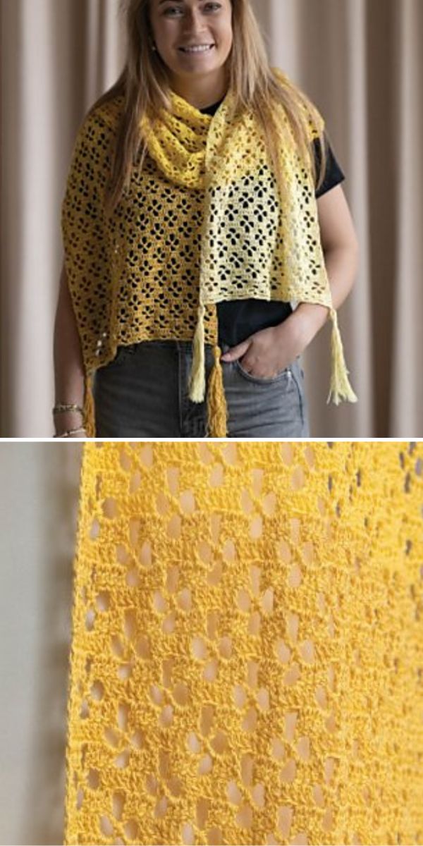 a yellow lace crochet shawl