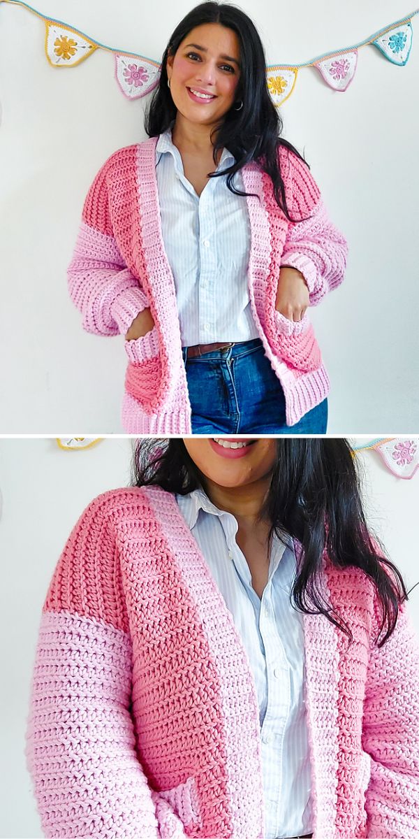 a pink crochet cardigan