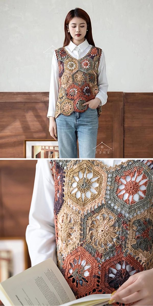 a crochet vest made of granny hexagons