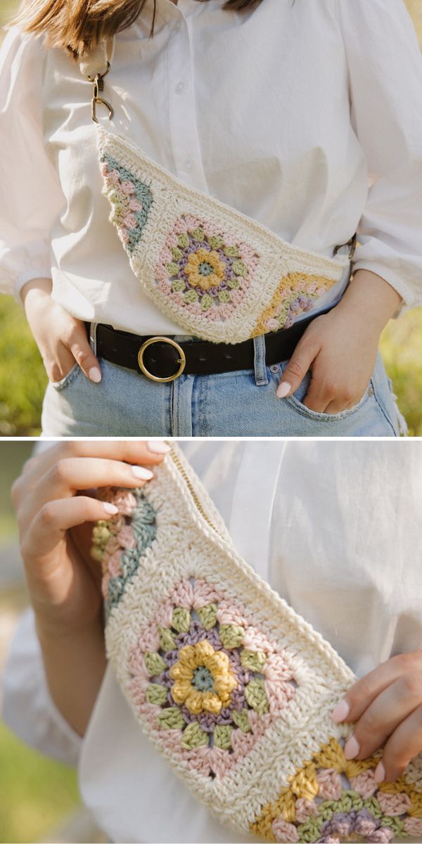 a crochet crossbody bag made of flower granny squares