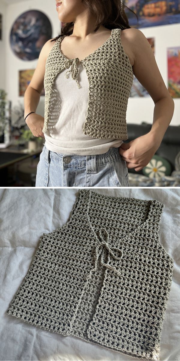 a grey cropped crochet vest