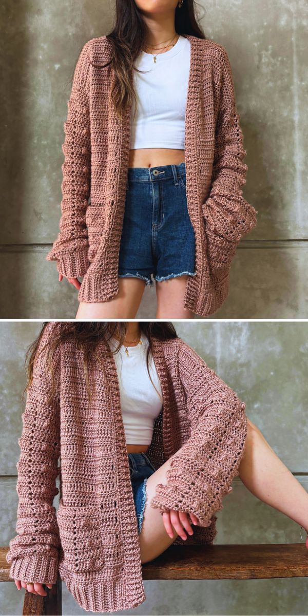 a pink long crochet cardigan