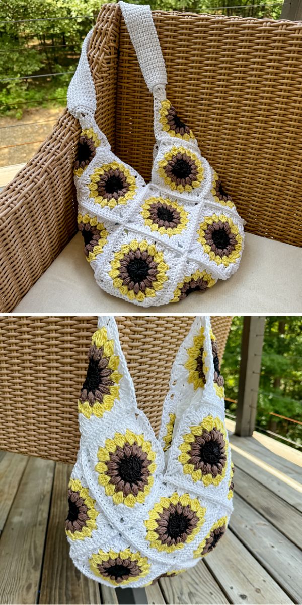 a crochet sunflower granny square bag