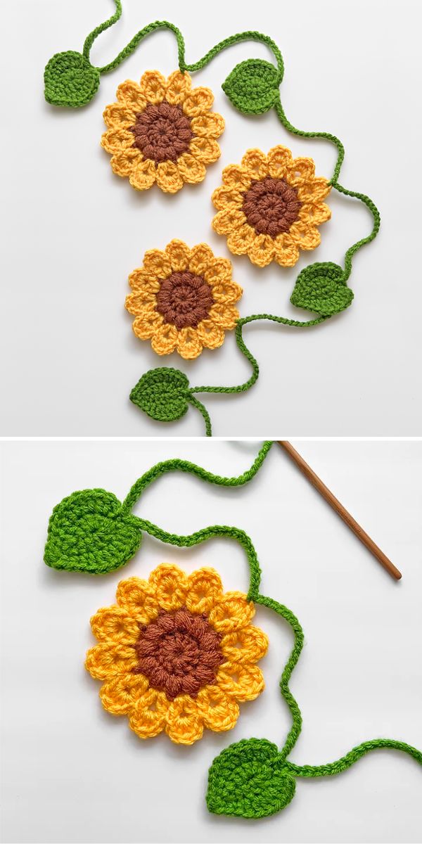 a crochet sunflower garland