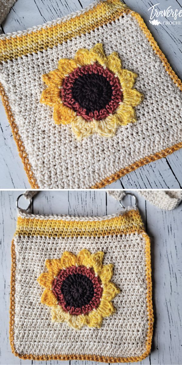 a crochet bag with a sunflower motif