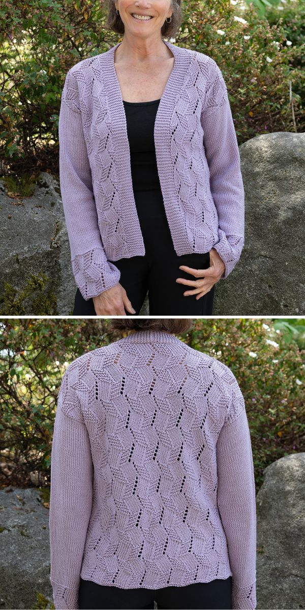 a woman wearing a knitted cardigan in violet