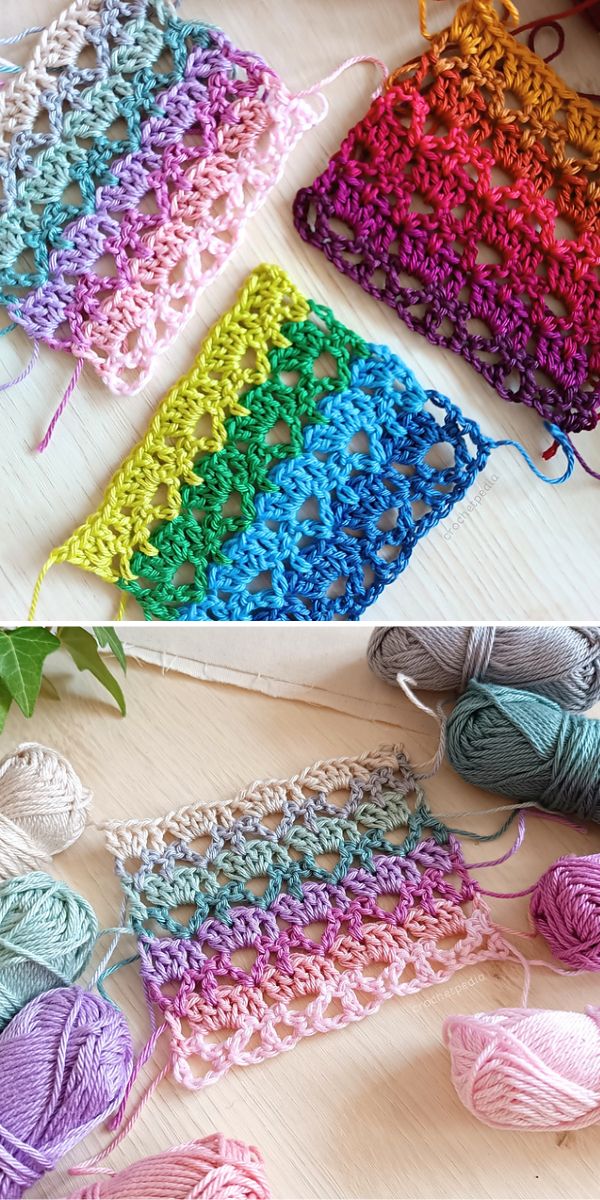 Colorful crochet swatches in various colors.