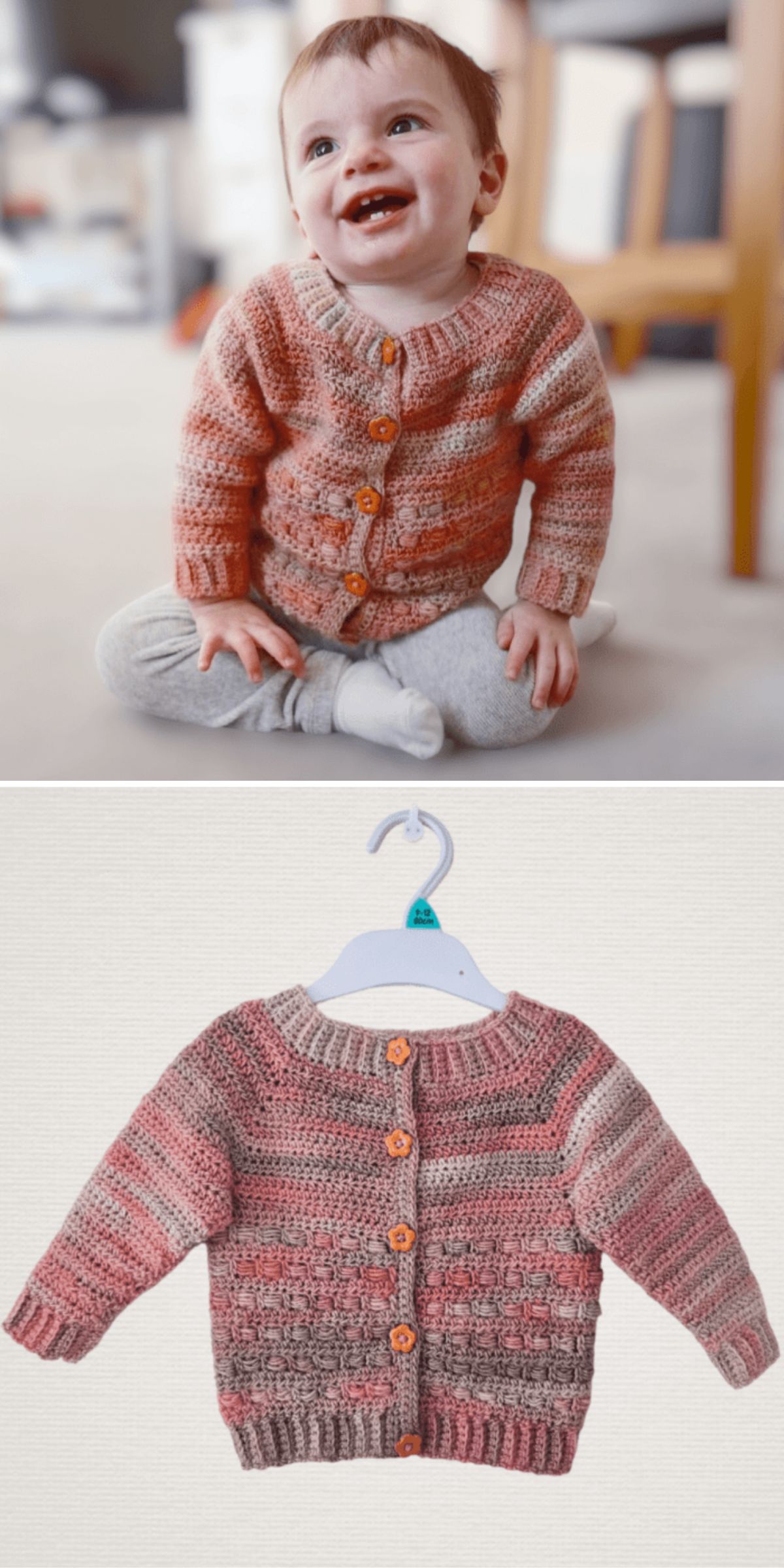 A baby wearing a cute crochet baby cardigan.