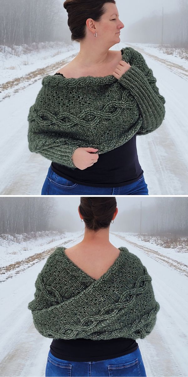 a green textured crochet sweater scarf