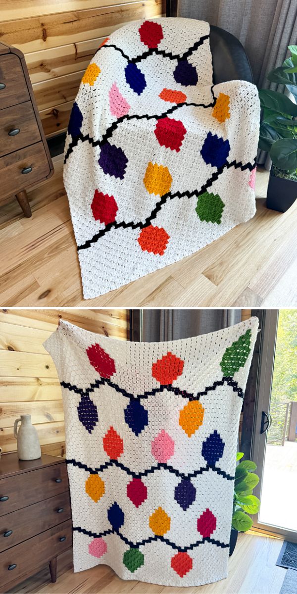 crochet corner-to-corner blanket with a christmas lights design
