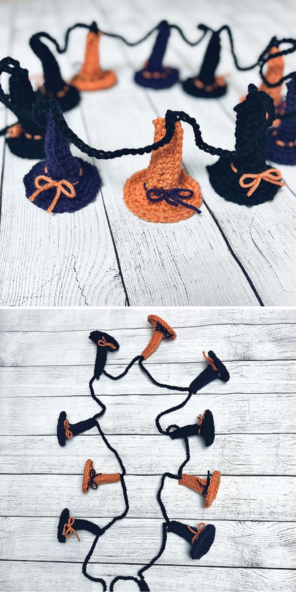 Crocheted garland featuring alternating black and orange witch hats.