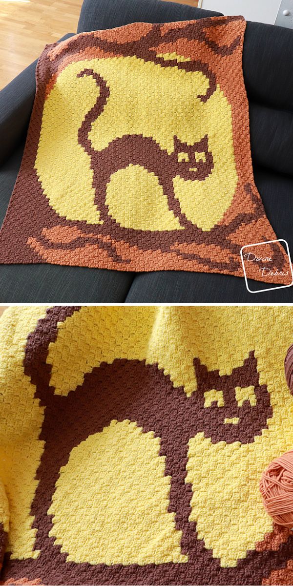 a crochet blanket with a cat design