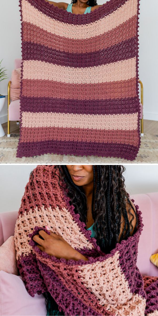 a striped purple crochet blanket