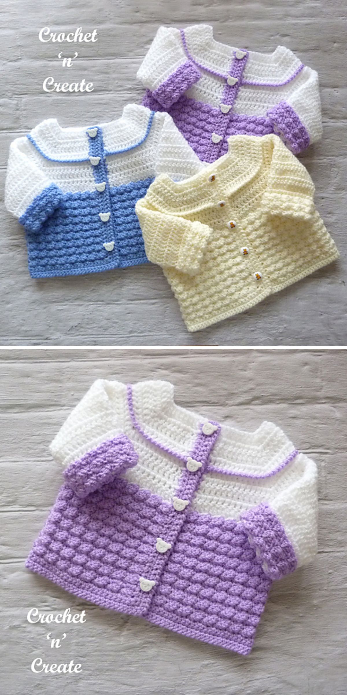 Three crochet baby cardigans in blue, yellow, and purple.