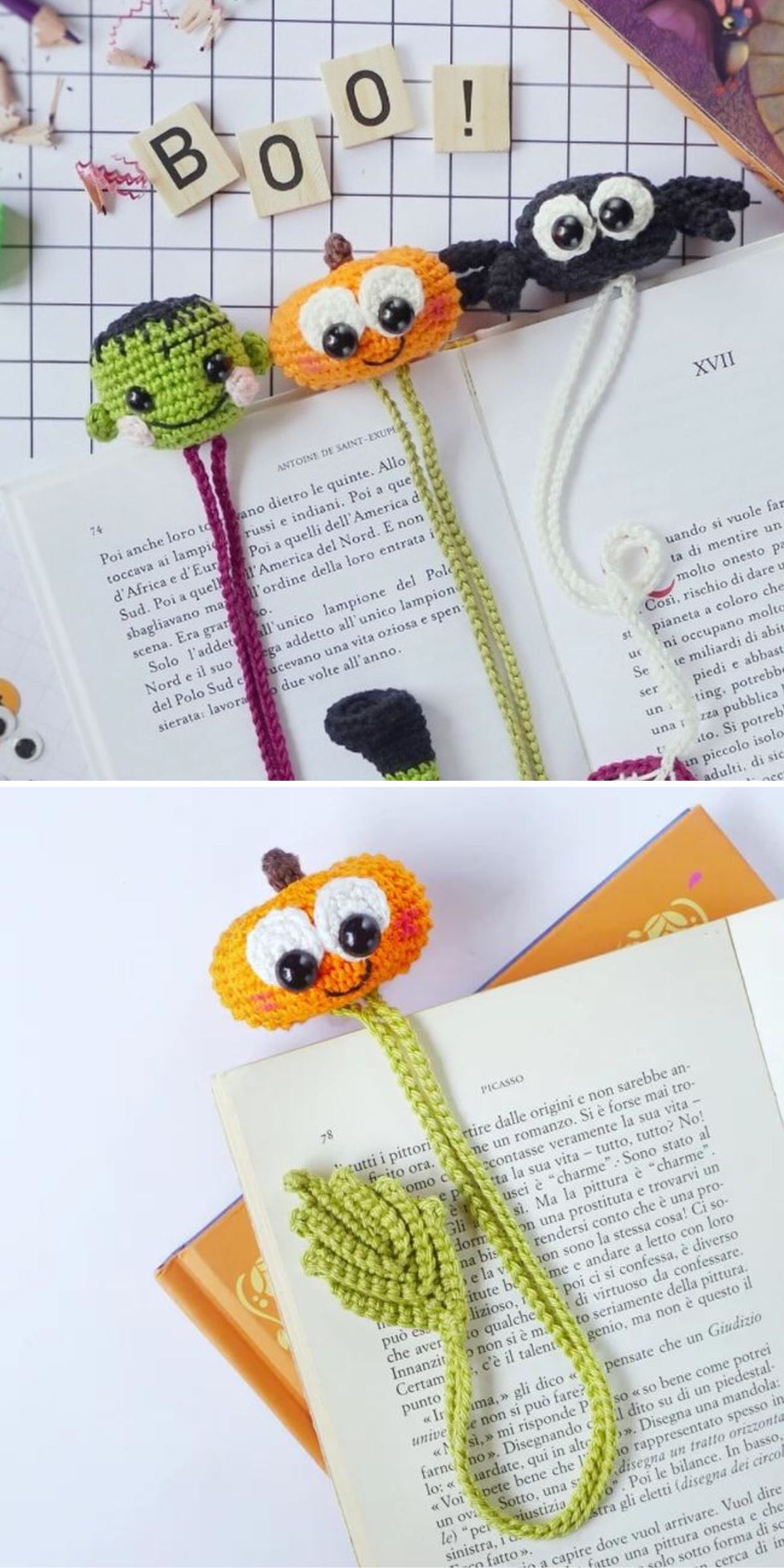Crochet Halloween-themed bookmarks shaped like a pumpkin, bat, and Frankenstein monster.