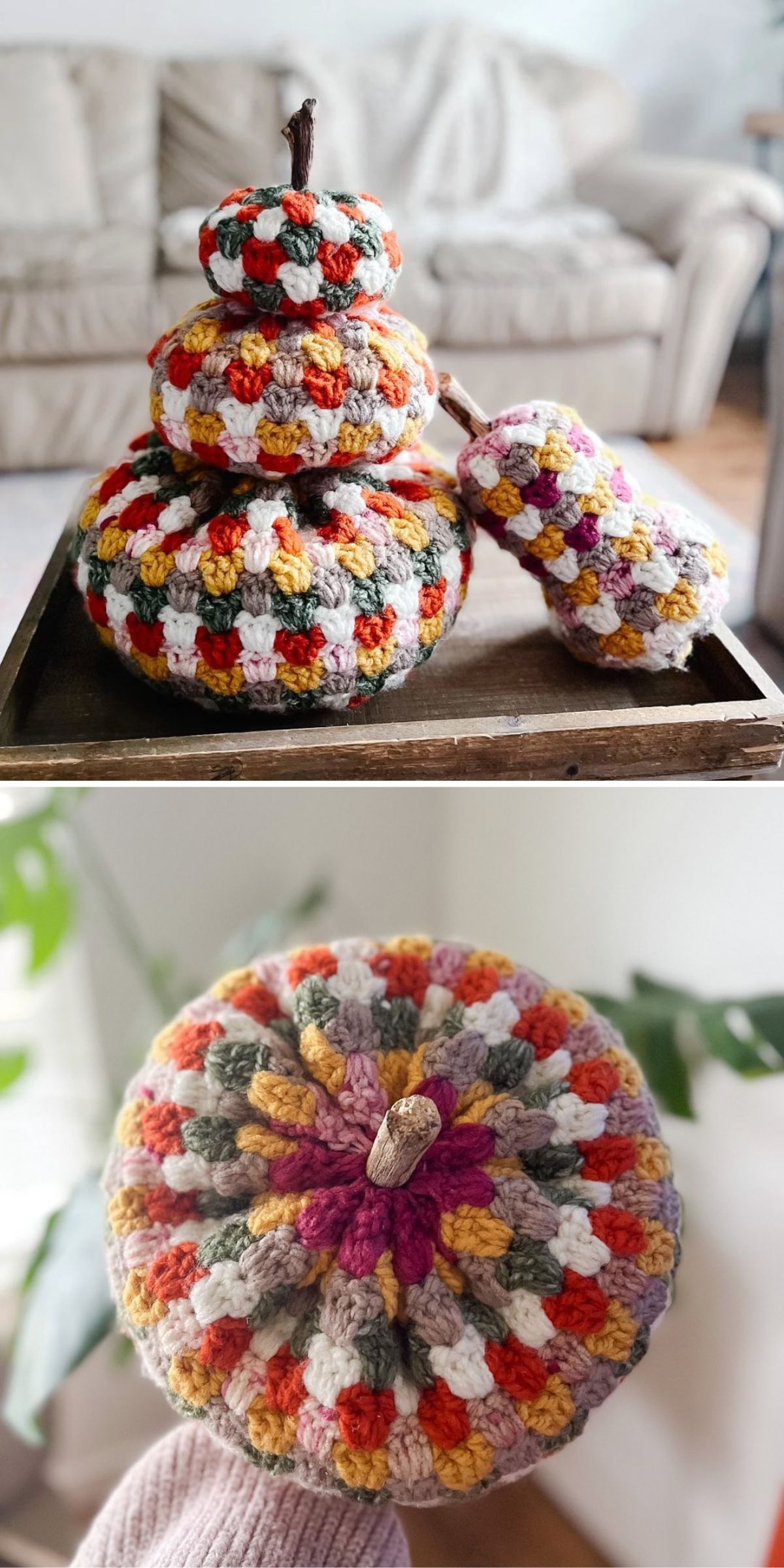 Two images of crocheted pumpkins stacked and displayed on a tray: the first shows three pumpkins in different sizes; the second is a close-up of one pumpkin from the top view, showcasing detailed crochet work.