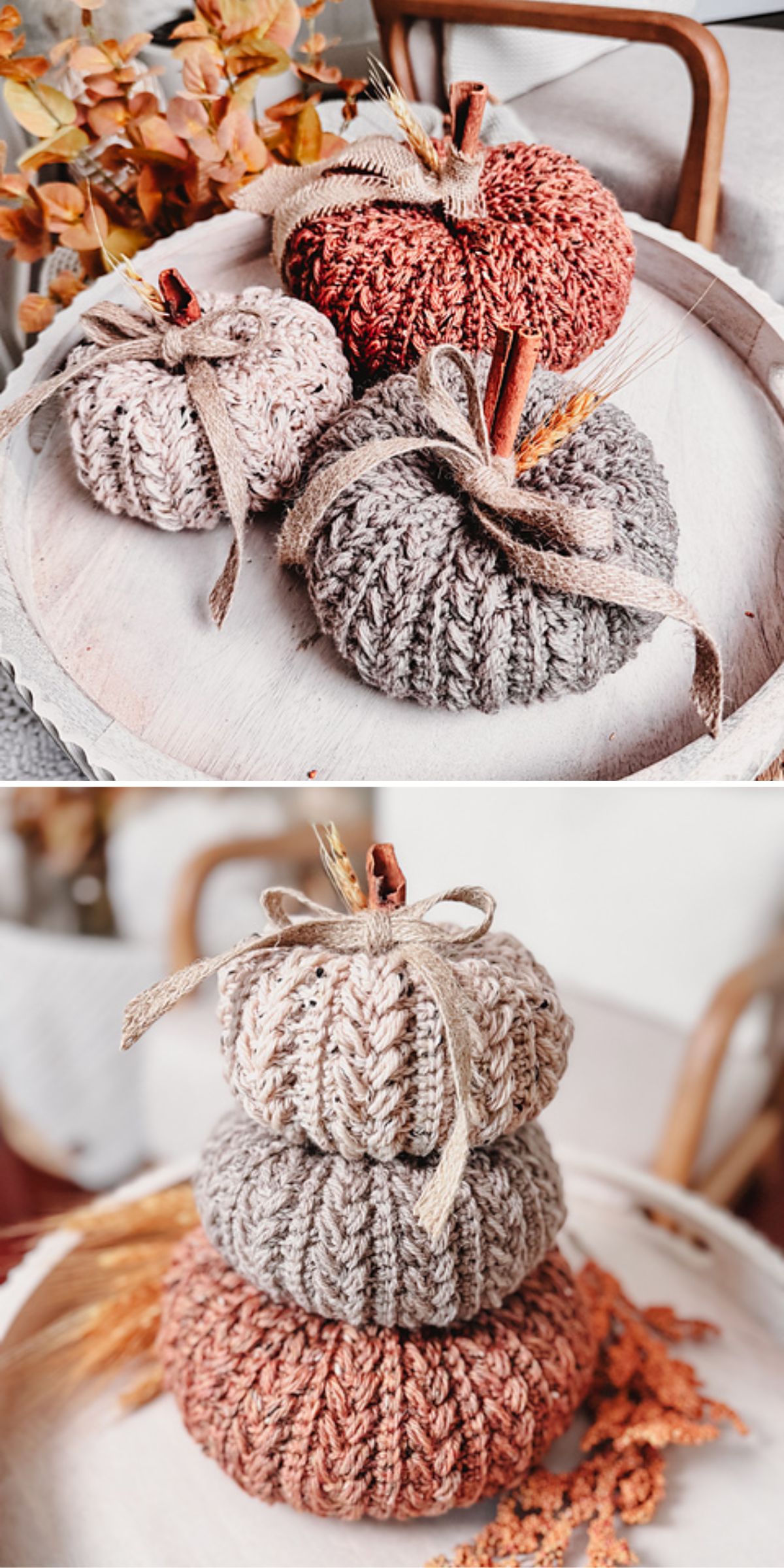 Crochet pumpkins in neutral colors