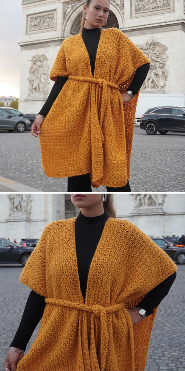 a crochet ruana in an orange color