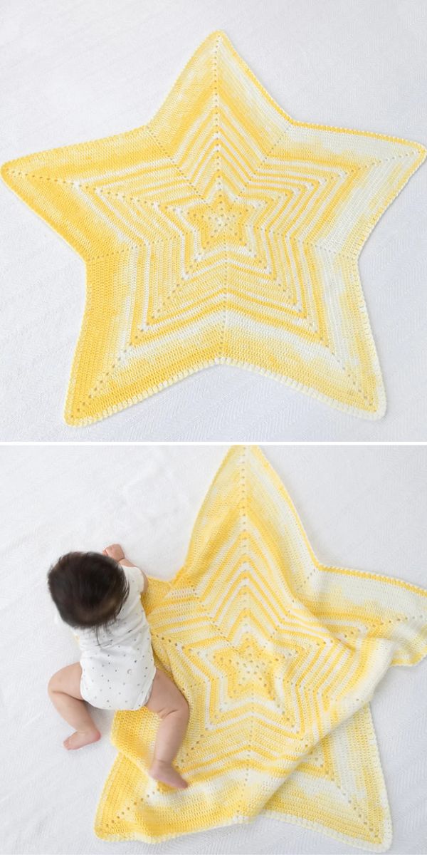 a yellow crochet star baby blanket
