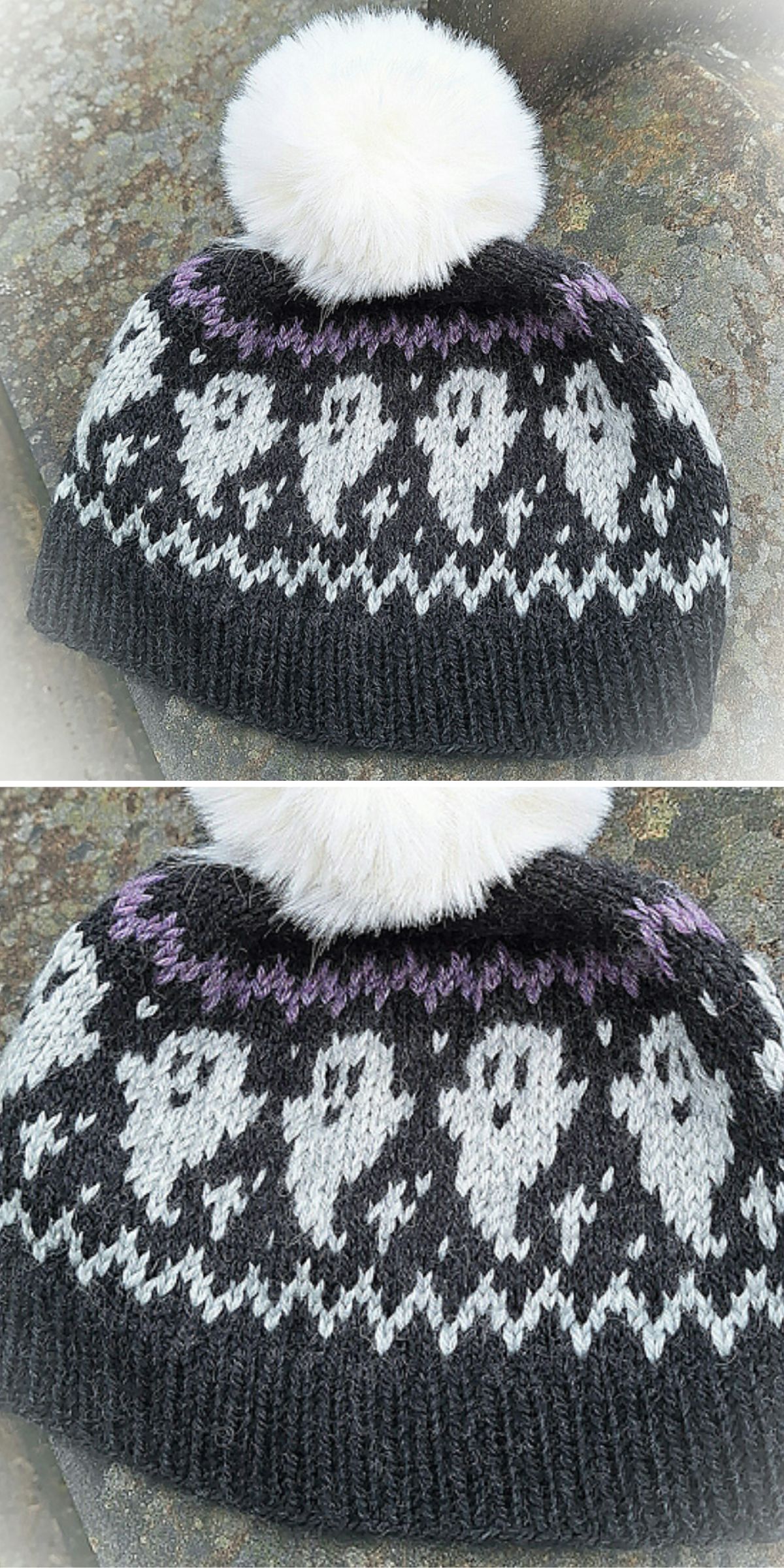 A black knit hat with white and purple ghost motifs and a large white pom-pom on top.