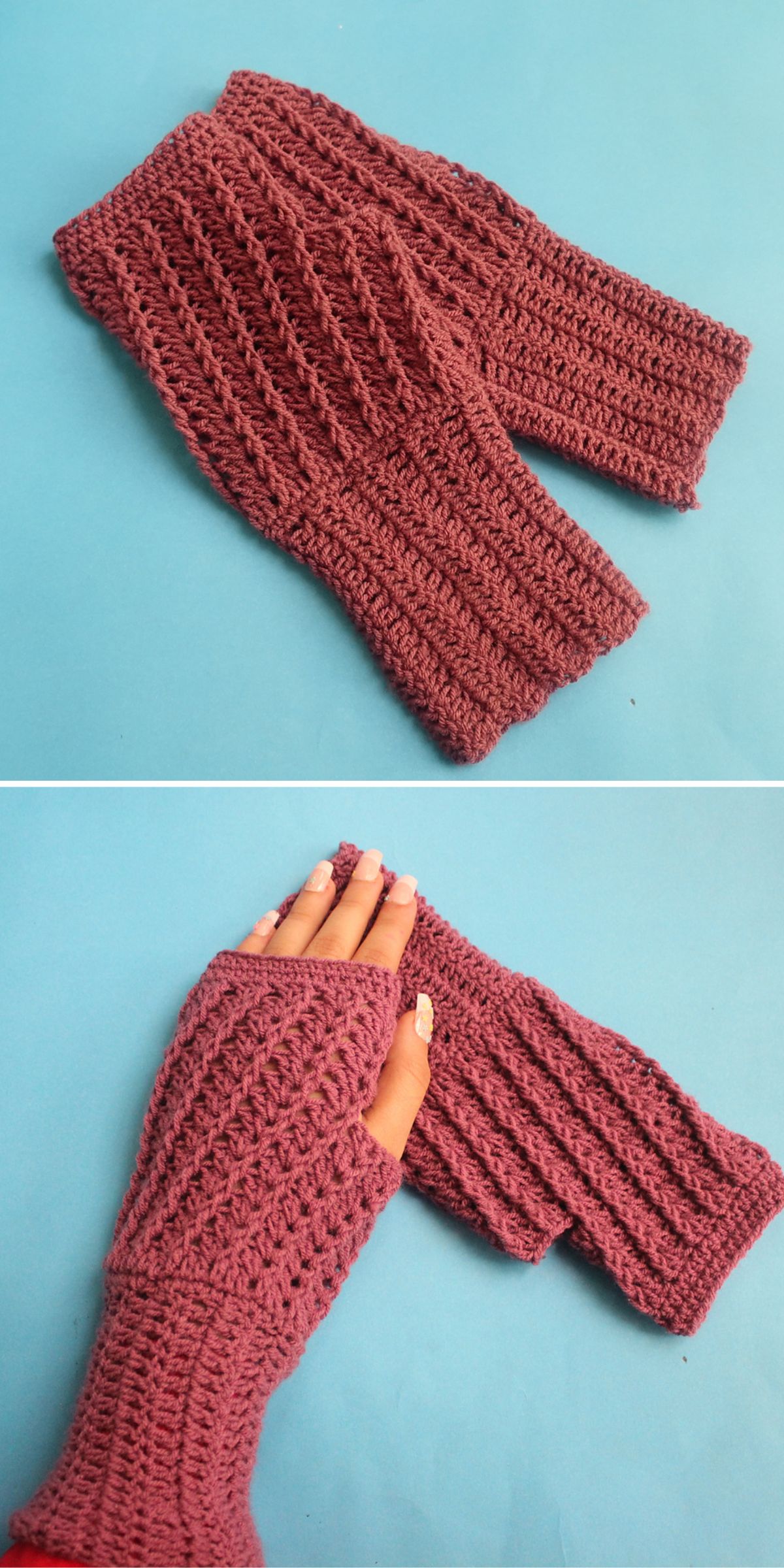 A pair of reddish-brown crochet fingerless gloves.