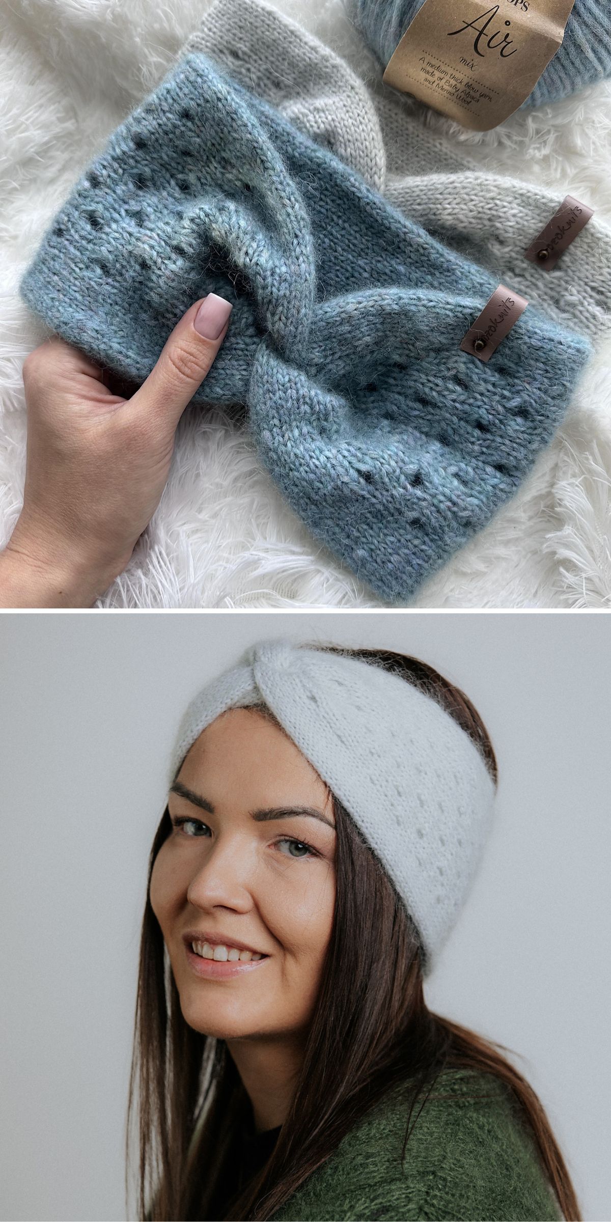 A person holds a knitted headband in shades of blue and gray, and a woman wears a similar gray headband, smiling.