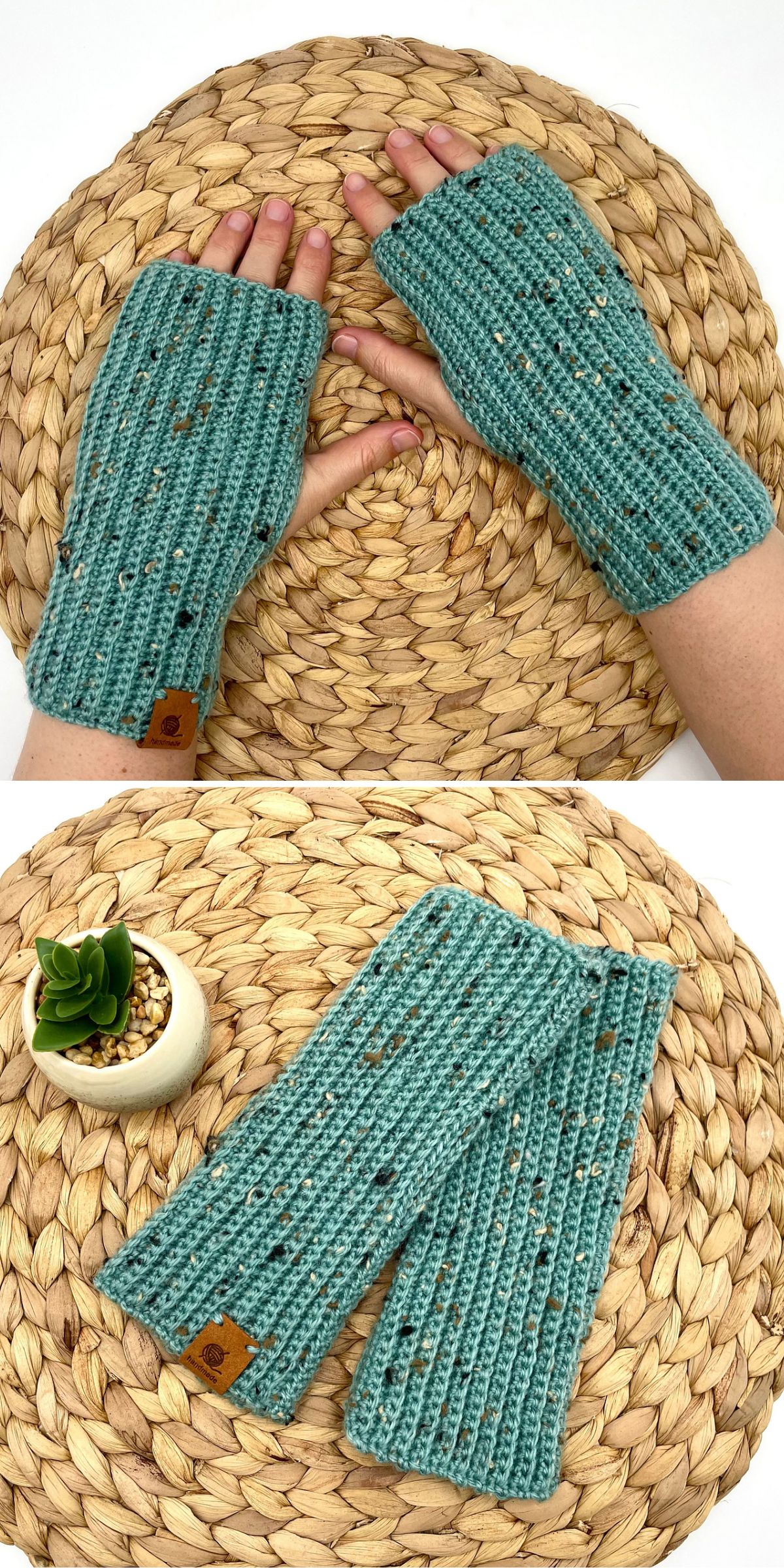 Crochet fingerless gloves with flecks.