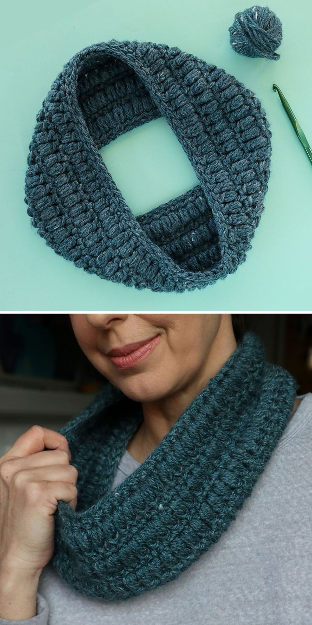 Teal crochet scarf with matching yarn and hook; worn by a person, showcasing its soft texture and snug fit.
