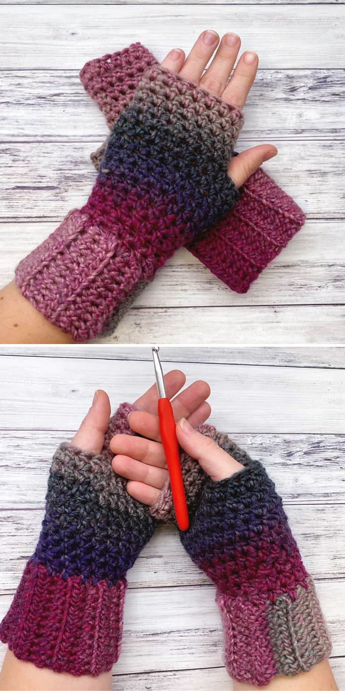 Crochet fingerless gloves in pink and purple.