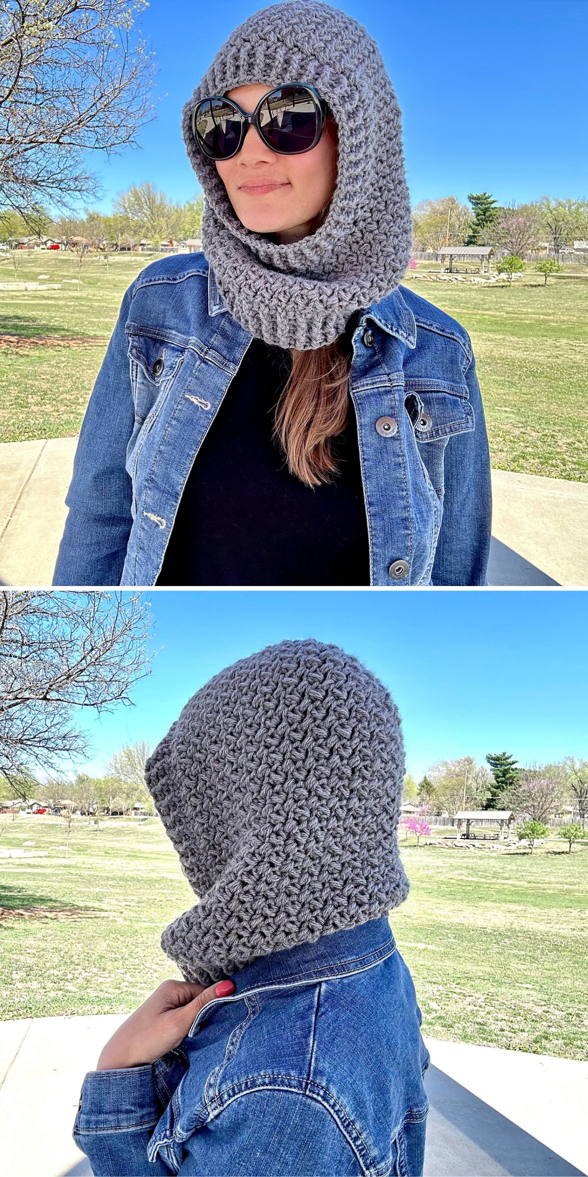 A person wearing sunglasses and a gray crocheted hooded scarf stands outdoors in a park, dressed in a denim jacket and black shirt under a clear blue sky.