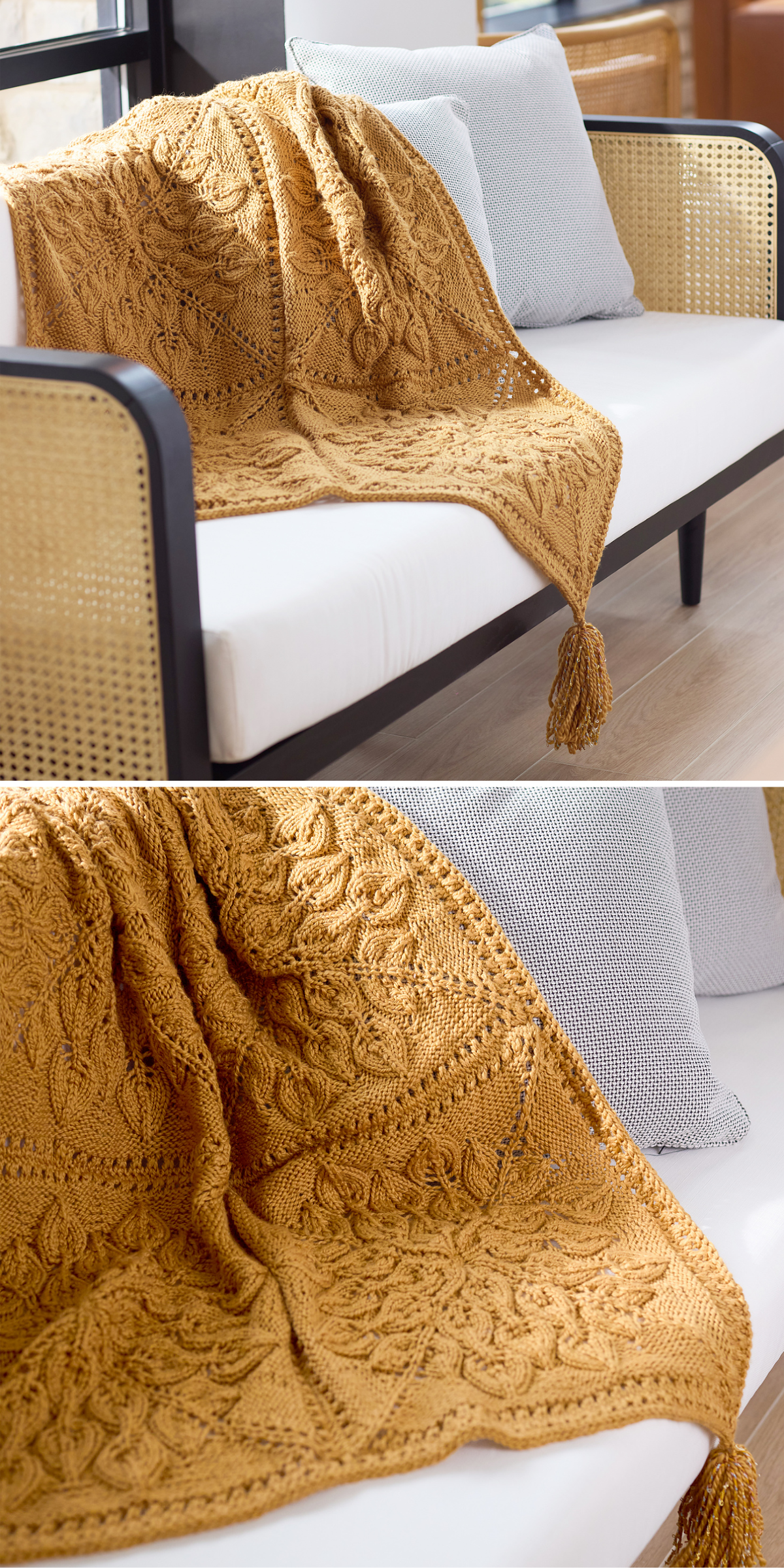 A mustard-colored knitted blanket with tassels is draped over a light-colored couch, next to two light gray cushions.