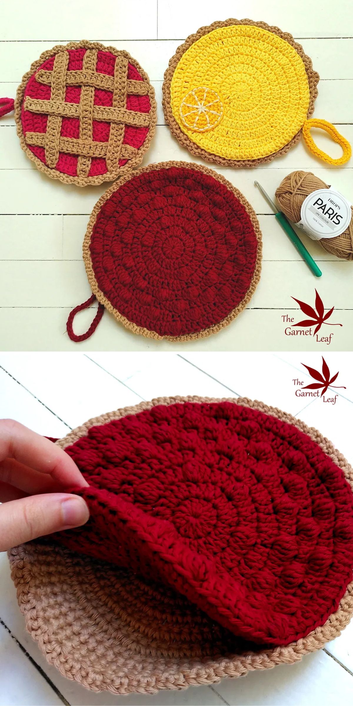Three crochet oven mittens that resemble pies.