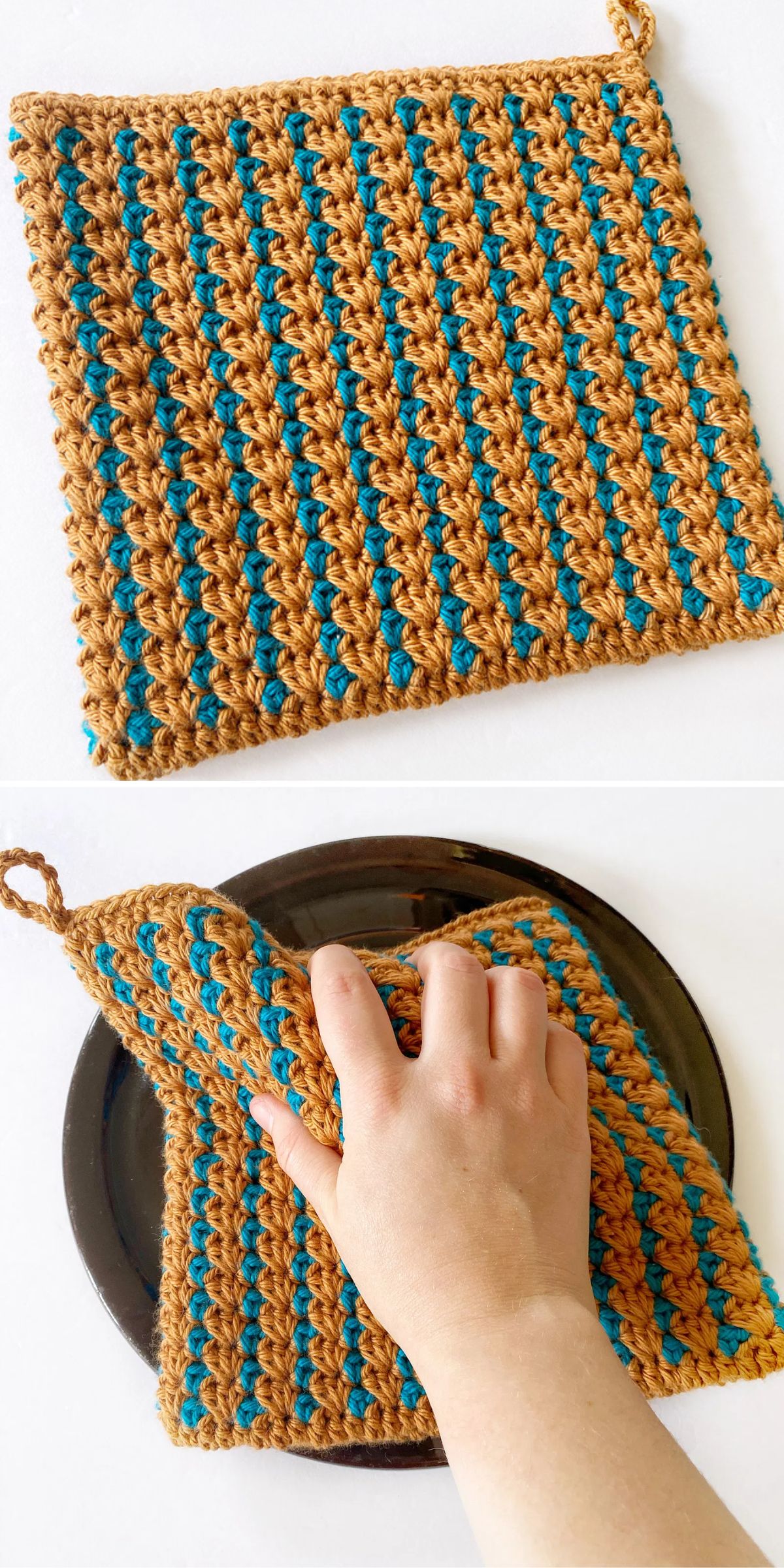 Crochet potholder with brown and teal stripes, shown flat and in use on a pan.