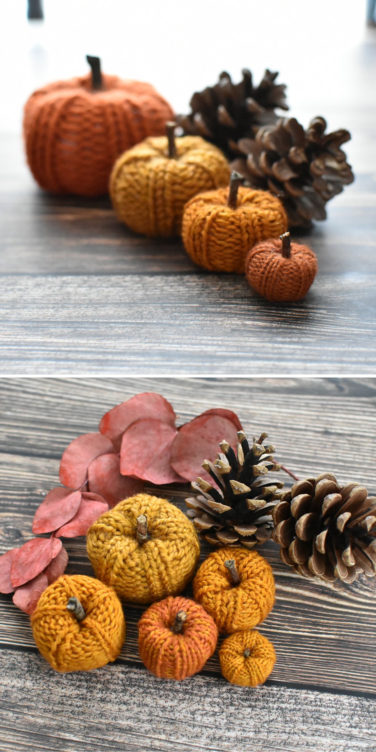 Knitted pumpkins and pinecones arranged on a wooden surface.
