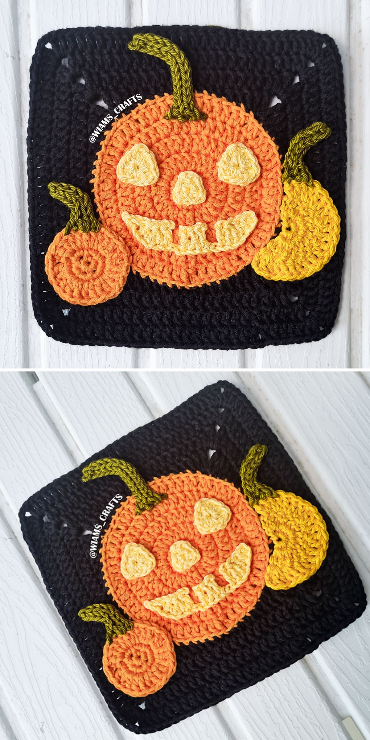 A crochet granny square featuring Halloween pumpkins on a black background.