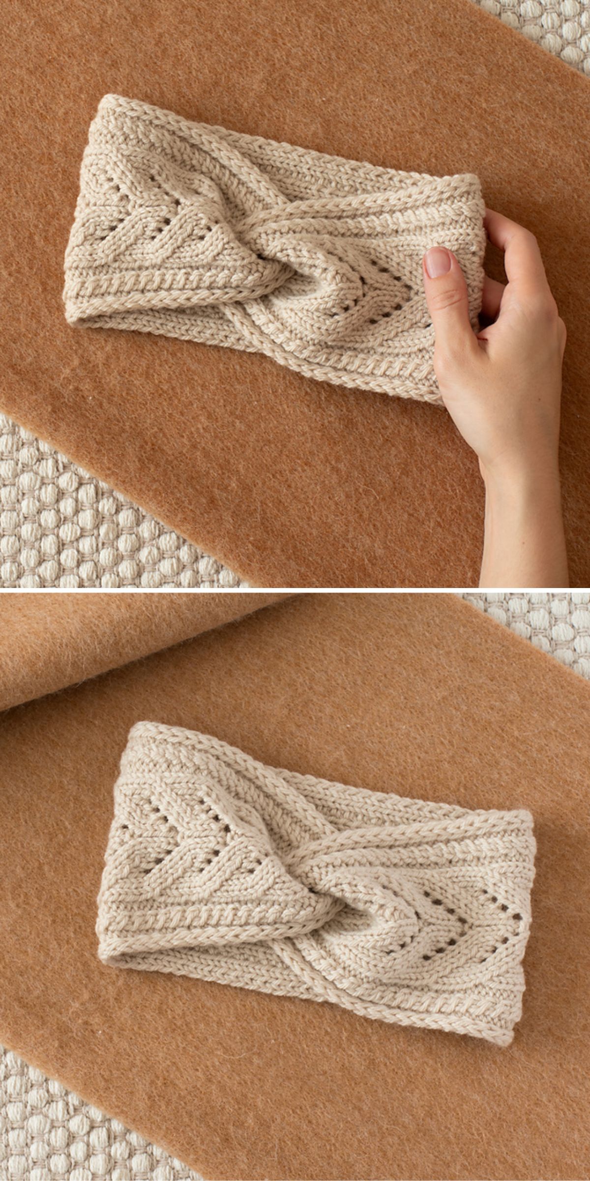 Two images show a hand holding and placing a knitted beige headband with a twisted pattern on a brown fabric surface.
