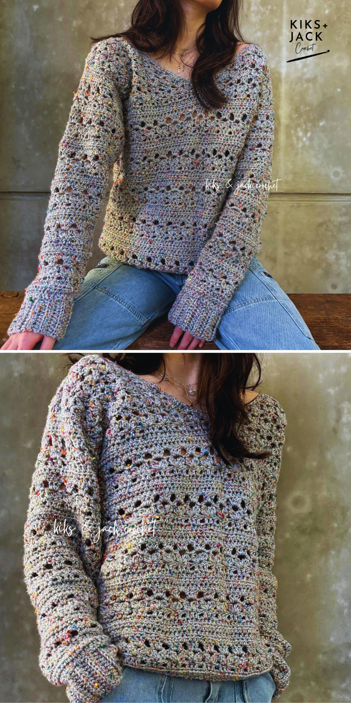 A person wearing a grayish, speckled crochet sweater paired with blue jeans. The sweater features a loose, cozy fit and round neckline.