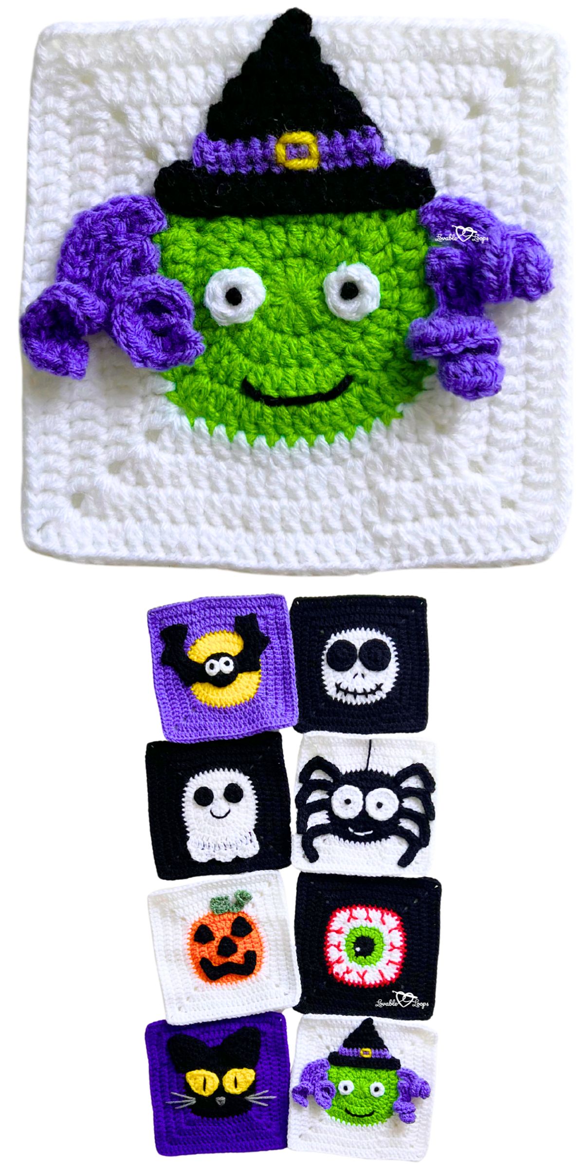 Crochet granny squares with Halloween-themed designs including a witch, spider, pumpkin, skull, and bat.