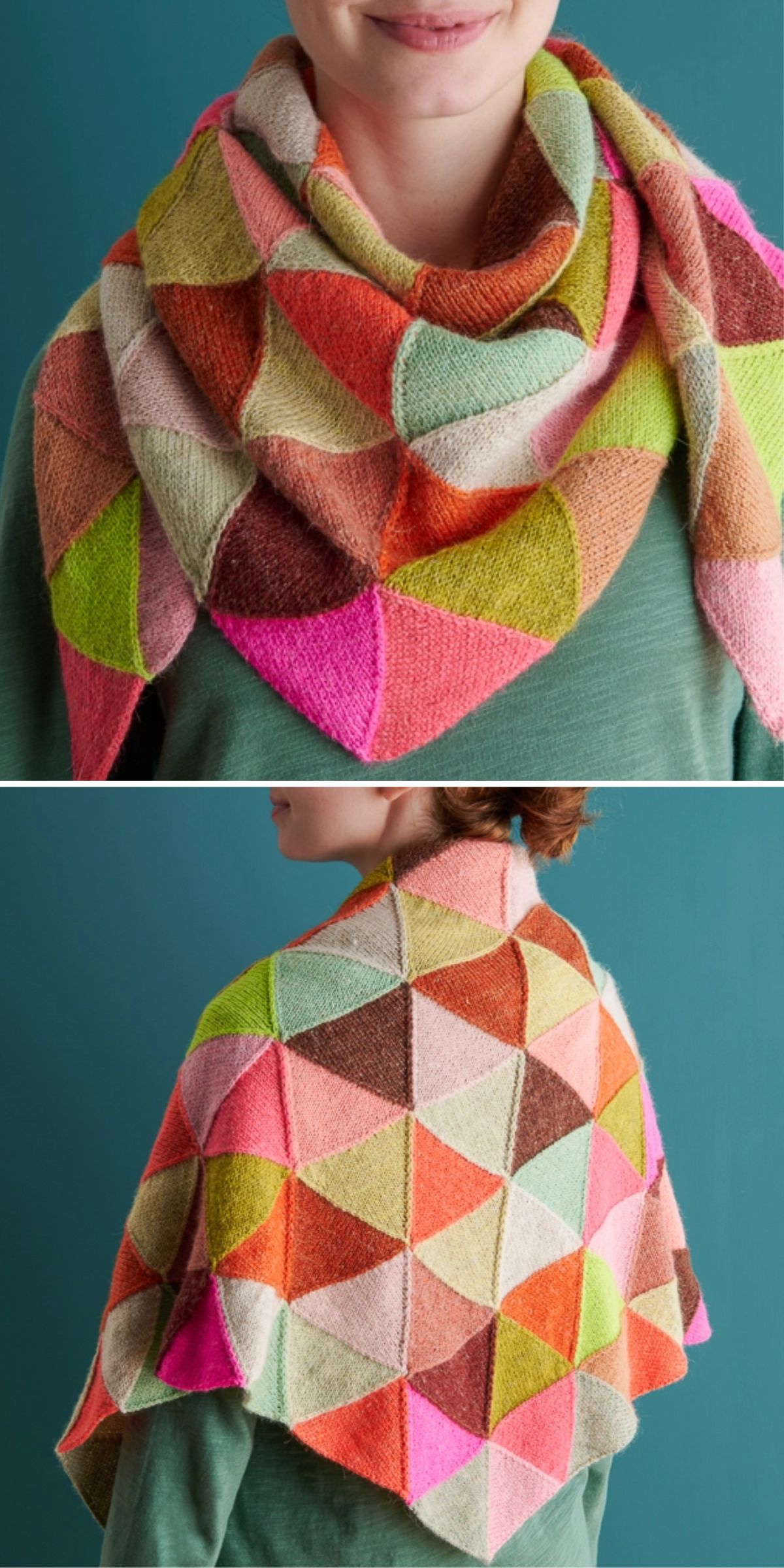 A person wearing a colorful, geometric-patterned knitted shawl, folded around the neck and back. The shawl features triangles in pink, green, orange, and brown.