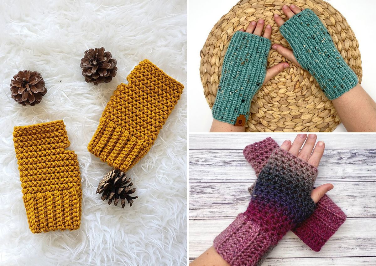 A collage of fingerless crochet gloves.