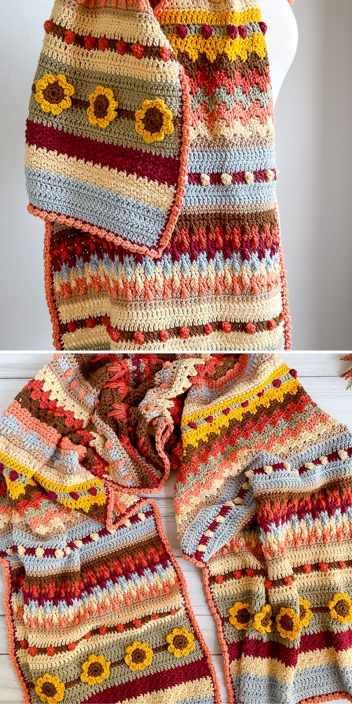 A colorful crochet scarf with floral details in yellow and a variety of patterns in red, orange, blue, and beige tones, displayed on a white background.
