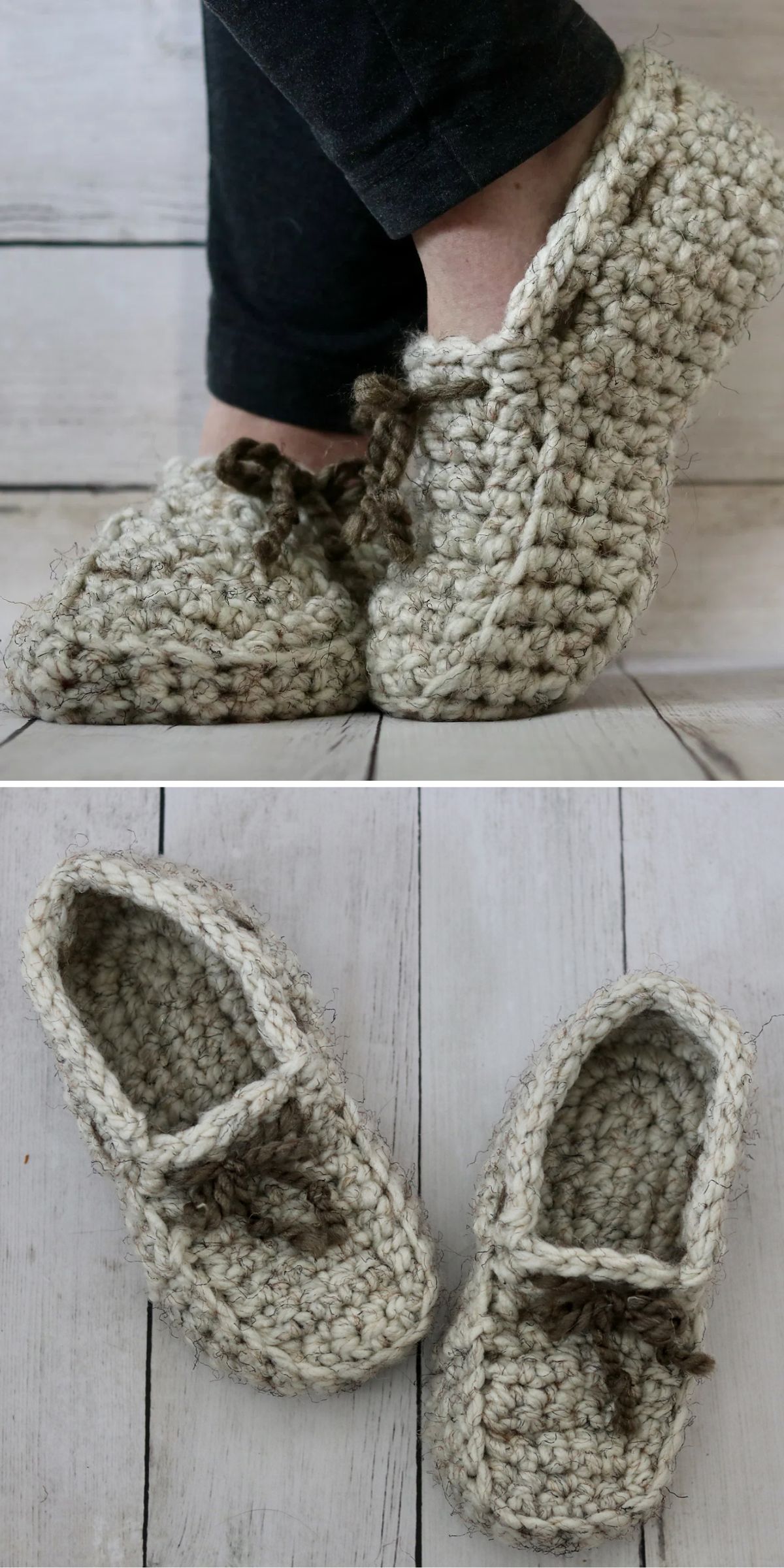 Two images of beige crochet slippers. The top image shows someone wearing them, while the bottom image displays the slippers on a wooden floor.